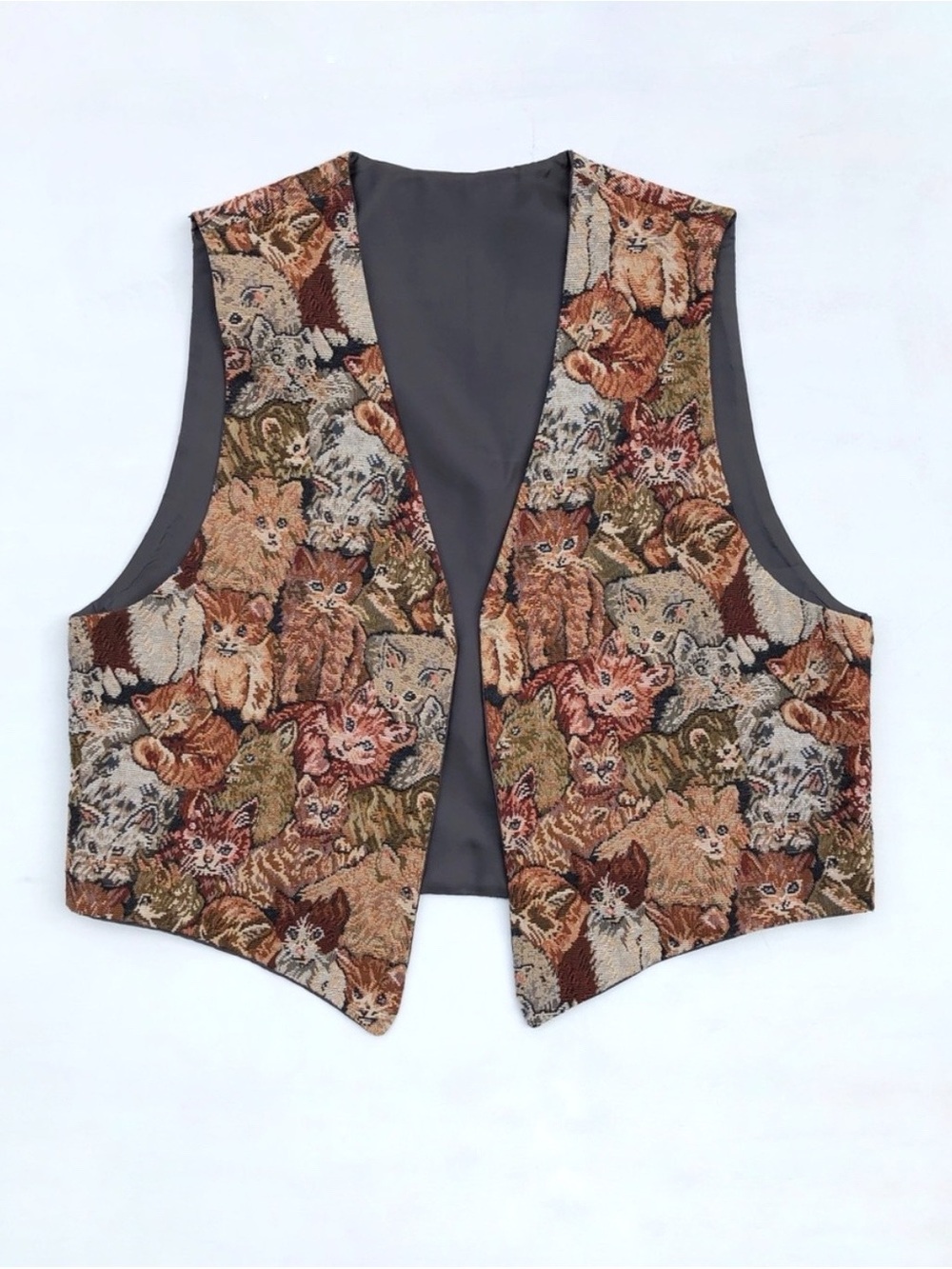 Vintage Handmade Cat Tapestry Patterned Opened Front Vest Size Large